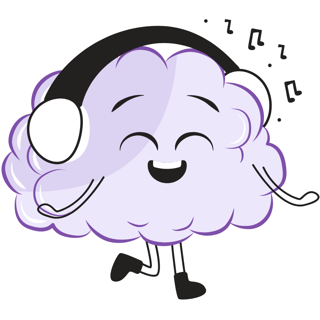A cartoon of a happy brain listening to music through headphones